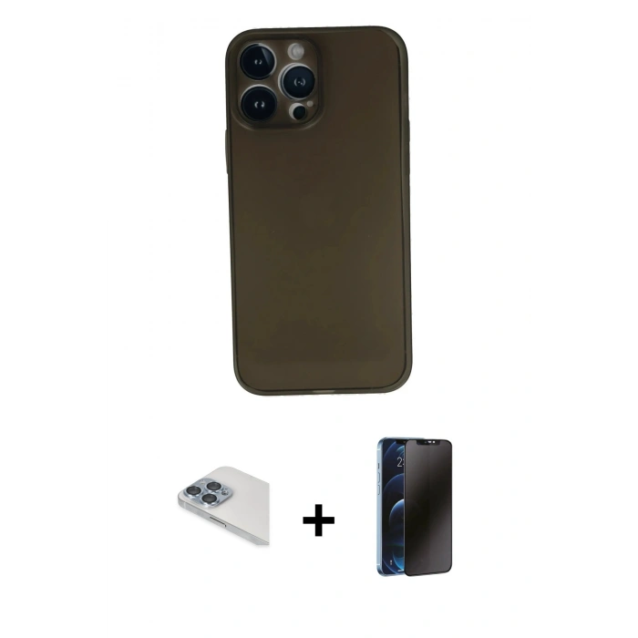 MARSİLYAN™- iPhone 13 Pro Max Kılıf Yadigar Yansıma Serisi - Siyah 3D Antistatik Hayalet Cam Ekran Koruyucu + Pers Alüminyum Kamera Lens - SABE