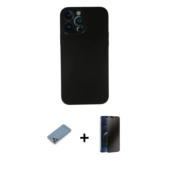 MARSİLYAN™- iPhone 13 Pro Max Kılıf Yadigar Yansıma Serisi - Siyah 3D Antistatik Hayalet Cam Ekran Koruyucu + Shine Kamera Lens Koruma Cam - GI