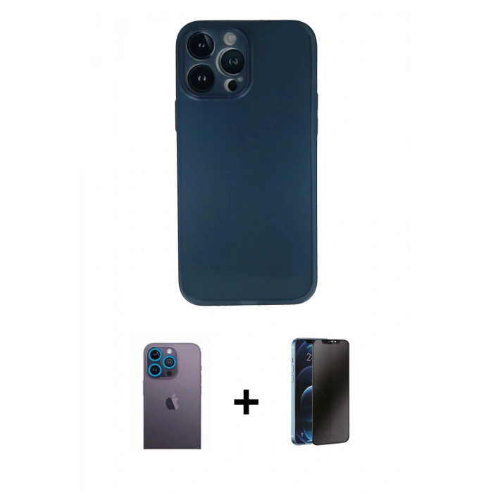 MARSİLYAN™- iPhone 13 Pro Max Kılıf Yadigar Yansıma Serisi - Siyah 3D Antistatik Hayalet Cam Ekran Koruyucu + Neon Fosforlu Kamera Lens - MI