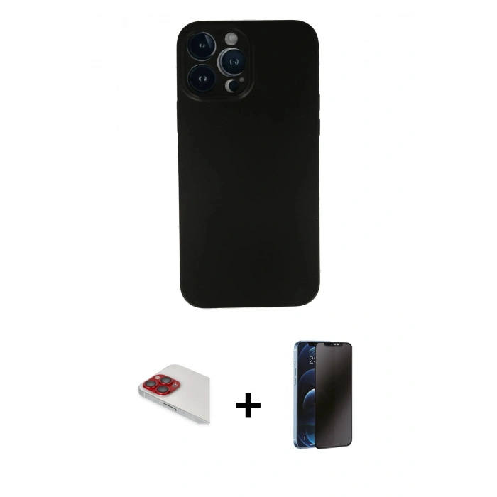 MARSİLYAN™- iPhone 13 Pro Max Kılıf Yadigar Yansıma Serisi - Siyah 3D Antistatik Hayalet Cam Ekran Koruyucu + Pers Alüminyum Kamera Lens - KI