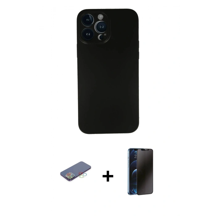 MARSİLYAN™- iPhone 13 Pro Max Kılıf Yadigar Yansıma Serisi - Siyah 3D Antistatik Hayalet Cam Ekran Koruyucu + Mavi Renkli Kamera Lens Koruma Cam