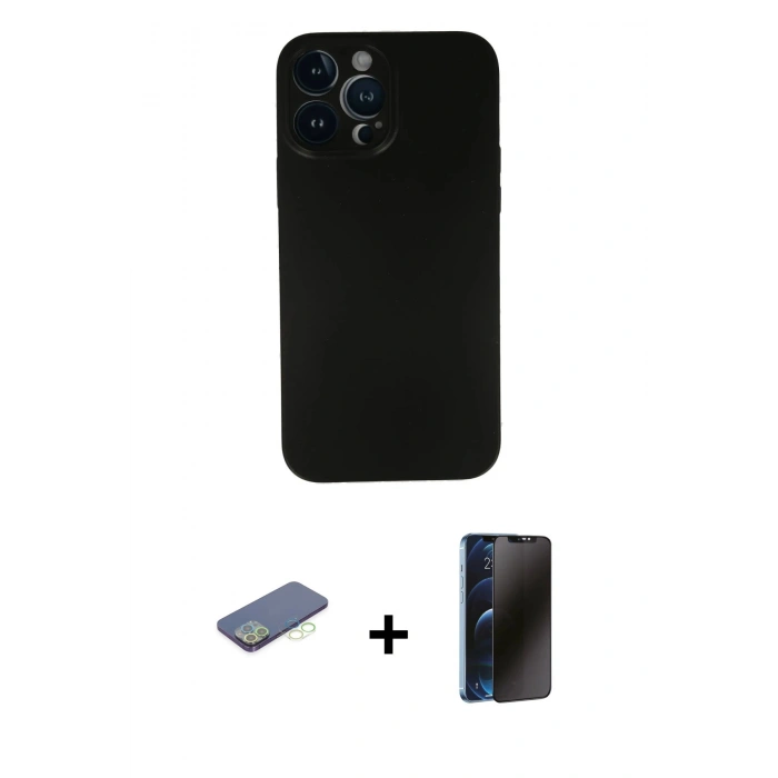 MARSİLYAN™- iPhone 13 Pro Max Kılıf Yadigar Yansıma Serisi - Siyah 3D Antistatik Hayalet Cam Ekran Koruyucu + Renkli Kamera Lens Koruma Cam - YL