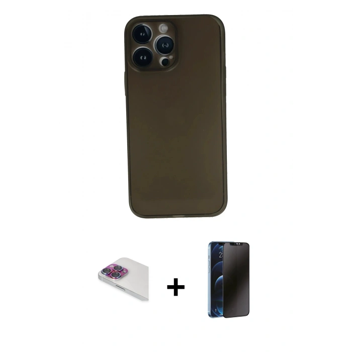 MARSİLYAN™- iPhone 13 Pro Max Kılıf Yadigar Yansıma Serisi - Siyah 3D Antistatik Hayalet Cam Ekran Koruyucu + Pers Alüminyum Kamera Lens - GI