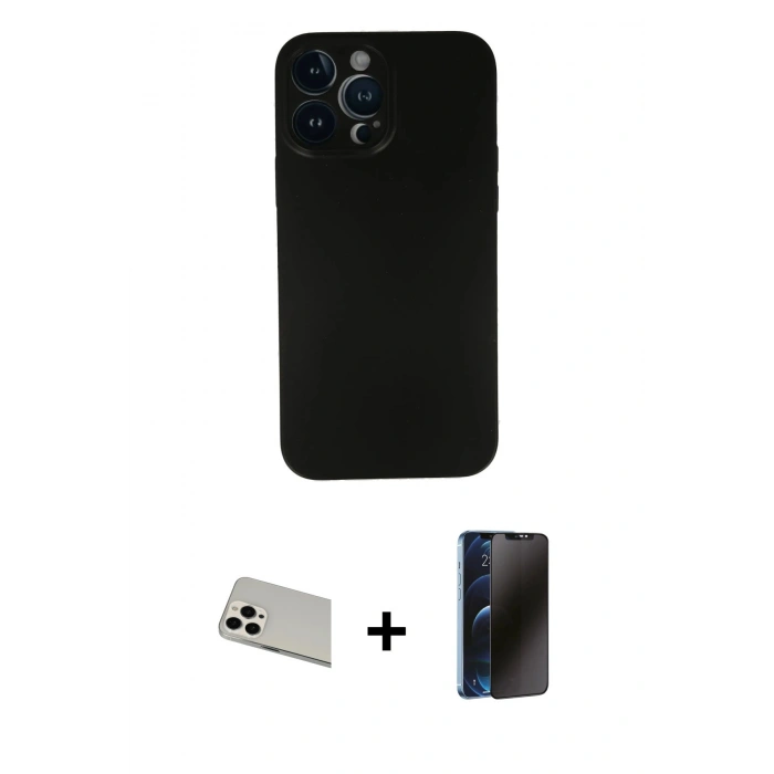 MARSİLYAN™- iPhone 13 Pro Max Kılıf Yadigar Yansıma Serisi - Siyah 3D Antistatik Hayalet Cam Ekran Koruyucu + Rainbow Kamera Lens Koruma Cam - BZ
