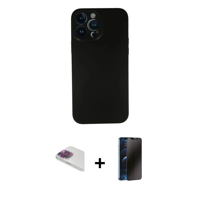 MARSİLYAN™- iPhone 13 Pro Max Kılıf Yadigar Yansıma Serisi - Siyah 3D Antistatik Hayalet Cam Ekran Koruyucu + Pers Alüminyum Kamera Lens - GI