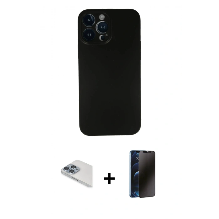 MARSİLYAN™- iPhone 13 Pro Max Kılıf Yadigar Yansıma Serisi - Siyah 3D Antistatik Hayalet Cam Ekran Koruyucu + Pers Alüminyum Kamera Lens - SABE