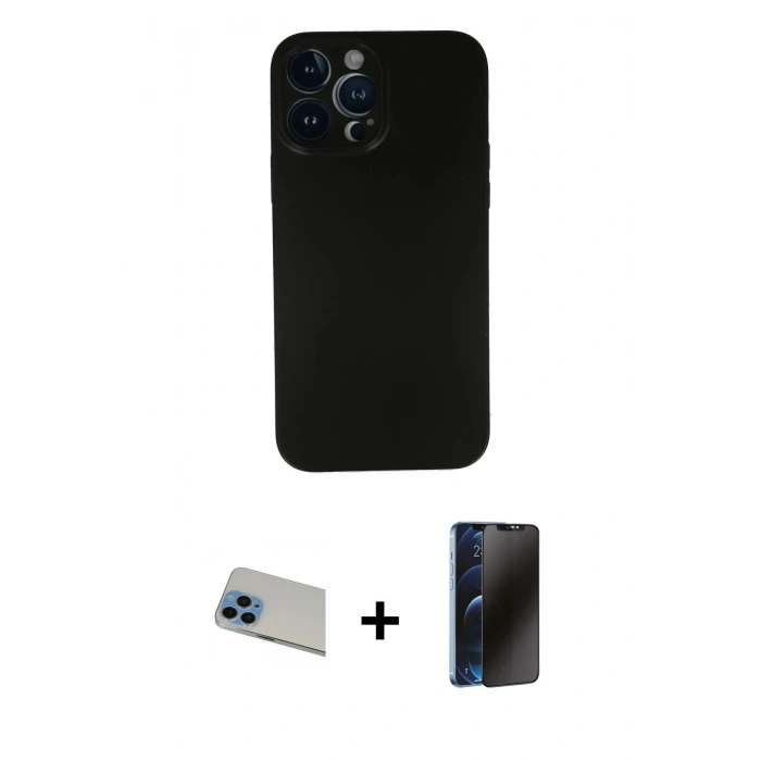 MARSİLYAN™- iPhone 13 Pro Max Kılıf Yadigar Yansıma Serisi - Siyah 3D Antistatik Hayalet Cam Ekran Koruyucu + Rainbow Kamera Lens Koruma Cam - MI