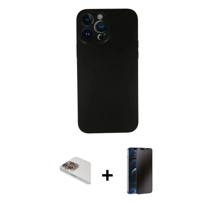 MARSİLYAN™- iPhone 13 Pro Max Kılıf Yadigar Yansıma Serisi - Siyah 3D Antistatik Hayalet Cam Ekran Koruyucu + Pers Alüminyum Kamera Lens - GD