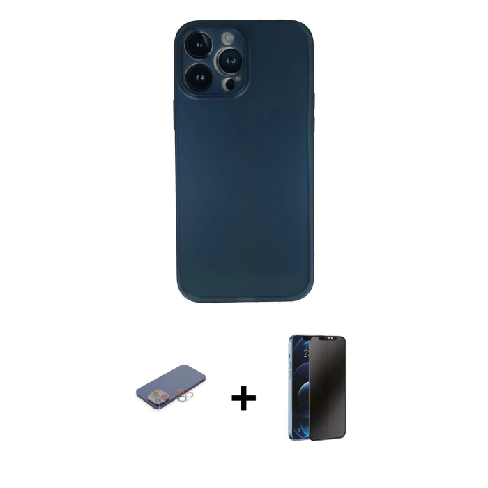 MARSİLYAN™- iPhone 13 Pro Max Kılıf Yadigar Yansıma Serisi - Siyah 3D Antistatik Hayalet Cam Ekran Koruyucu + Renkli Kamera Lens Koruma Cam - PE