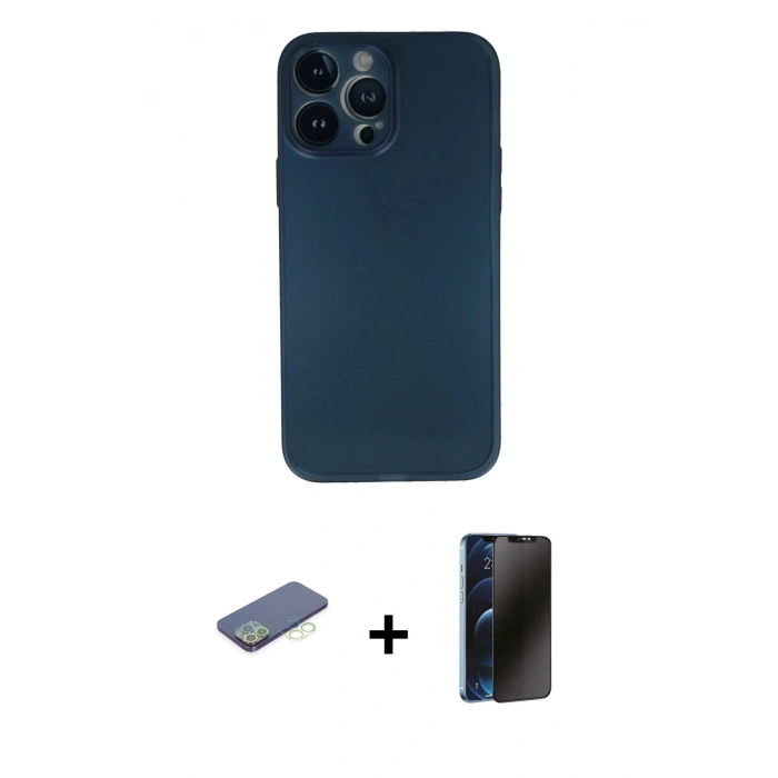 MARSİLYAN™- iPhone 13 Pro Max Kılıf Yadigar Yansıma Serisi - Siyah 3D Antistatik Hayalet Cam Ekran Koruyucu + Renkli Kamera Lens Koruma Cam - YL