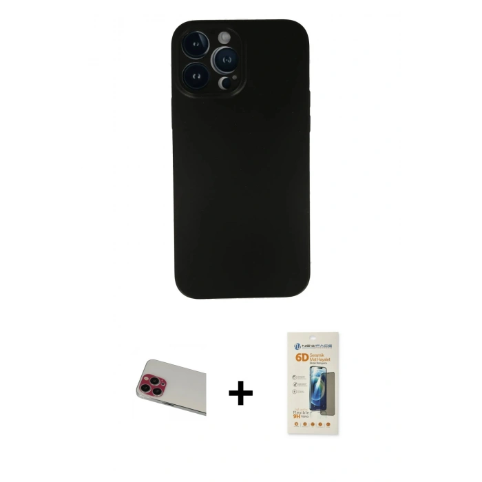 MARSİLYAN™- iPhone 13 Pro Max Kılıf Yadigar Yansıma Serisi - Siyah 6D Mat Seramik Hayalet Nano Ekran Koruyucu + Rainbow Kamera Lens Koruma Cam - KI