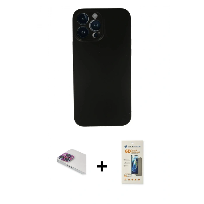 MARSİLYAN™- iPhone 13 Pro Max Kılıf Yadigar Yansıma Serisi - Siyah 6D Mat Seramik Hayalet Nano Ekran Koruyucu + Pers Alüminyum Kamera Lens - GI