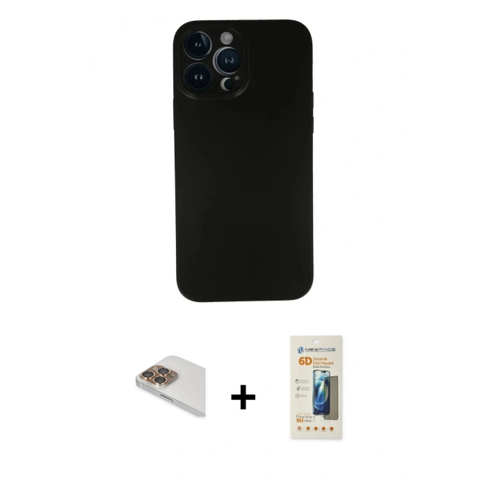 MARSİLYAN™- iPhone 13 Pro Max Kılıf Yadigar Yansıma Serisi - Siyah 6D Mat Seramik Hayalet Nano Ekran Koruyucu + Gold Pers Alüminyum Kamera Lens