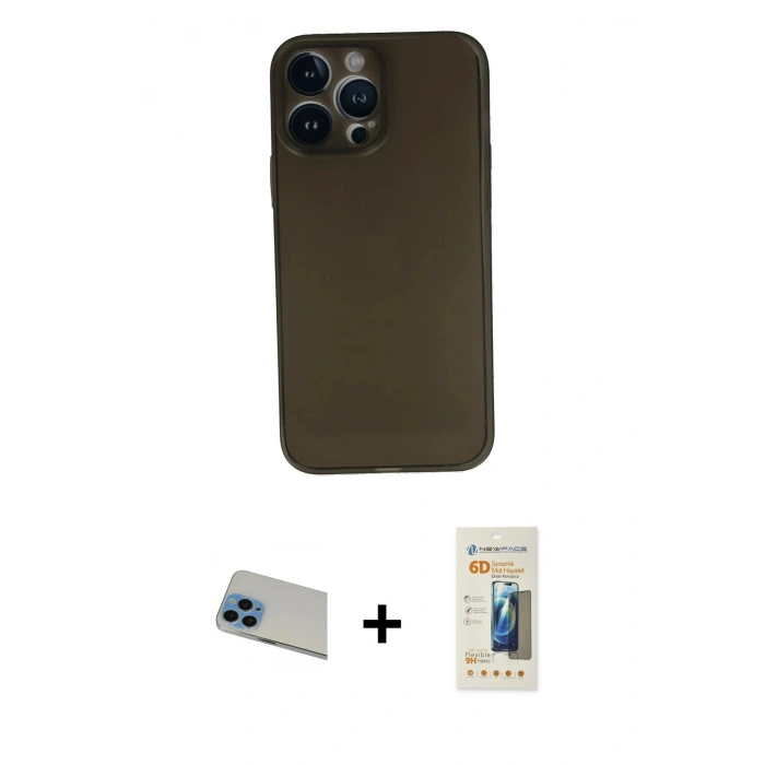 MARSİLYAN™- iPhone 13 Pro Max Kılıf Yadigar Yansıma Serisi - Siyah 6D Mat Seramik Hayalet Nano Ekran Koruyucu + Rainbow Kamera Lens Koruma Cam - MI