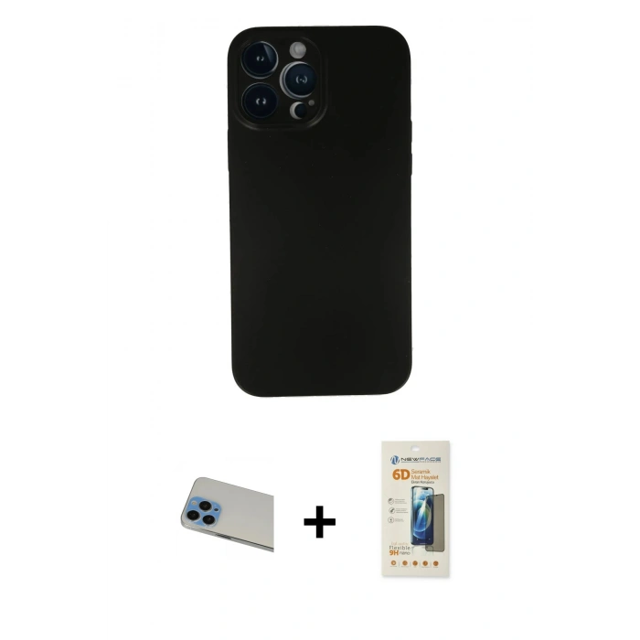 MARSİLYAN™- iPhone 13 Pro Max Kılıf Yadigar Yansıma Serisi - Siyah 6D Mat Seramik Hayalet Nano Ekran Koruyucu + Rainbow Kamera Lens Koruma Cam - MI