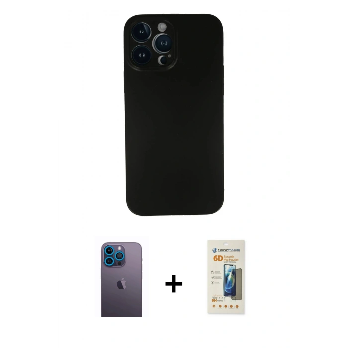 MARSİLYAN™- iPhone 13 Pro Max Kılıf Yadigar Yansıma Serisi - Siyah 6D Mat Seramik Hayalet Nano Ekran Koruyucu + Neon Fosforlu Kamera Lens - MI