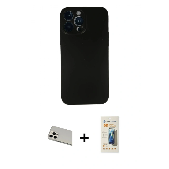 MARSİLYAN™- iPhone 13 Pro Max Kılıf Yadigar Yansıma Serisi - Siyah 6D Mat Seramik Hayalet Nano Ekran Koruyucu + Rainbow Kamera Lens Koruma Cam - BZ
