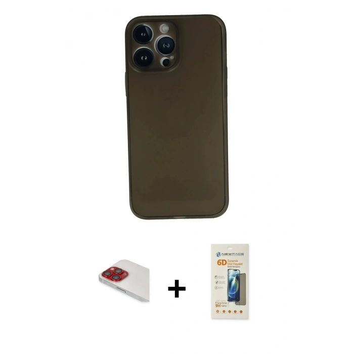 MARSİLYAN™- iPhone 13 Pro Max Kılıf Yadigar Yansıma Serisi - Siyah 6D Mat Seramik Hayalet Nano Ekran Koruyucu + Pers Alüminyum Kamera Lens - KI