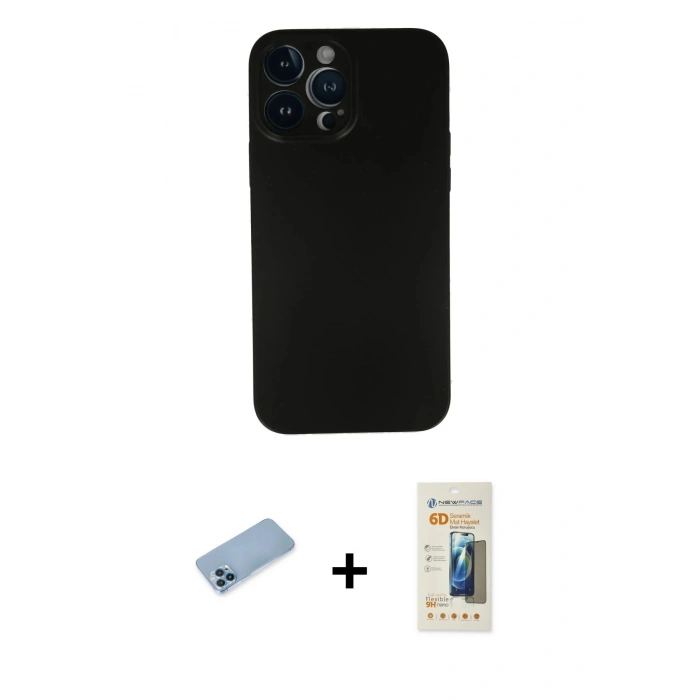 MARSİLYAN™- iPhone 13 Pro Max Kılıf Yadigar Yansıma Serisi - Siyah 6D Mat Seramik Hayalet Nano Ekran Koruyucu + Shine Kamera Lens Koruma Cam - MI