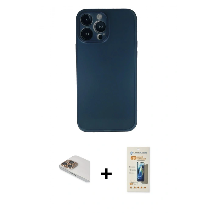 MARSİLYAN™- iPhone 13 Pro Max Kılıf Yadigar Yansıma Serisi - Siyah 6D Mat Seramik Hayalet Nano Ekran Koruyucu + Gold Pers Alüminyum Kamera Lens