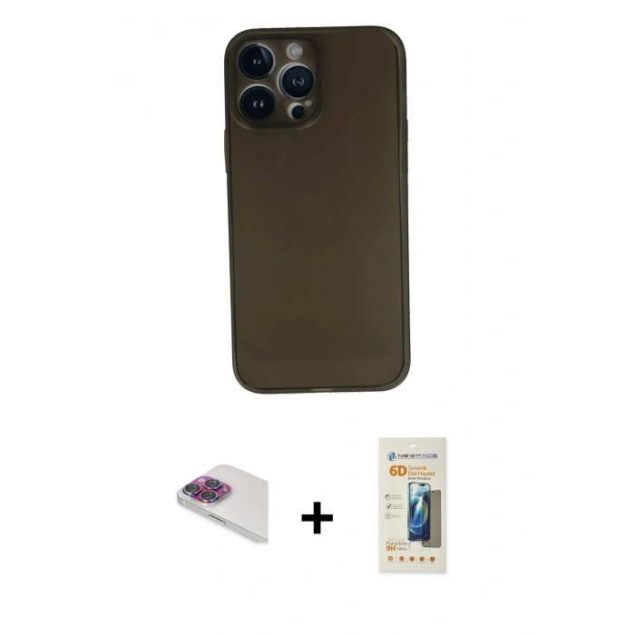 MARSİLYAN™- iPhone 13 Pro Max Kılıf Yadigar Yansıma Serisi - Siyah 6D Mat Seramik Hayalet Nano Ekran Koruyucu + Pers Alüminyum Kamera Lens - GI