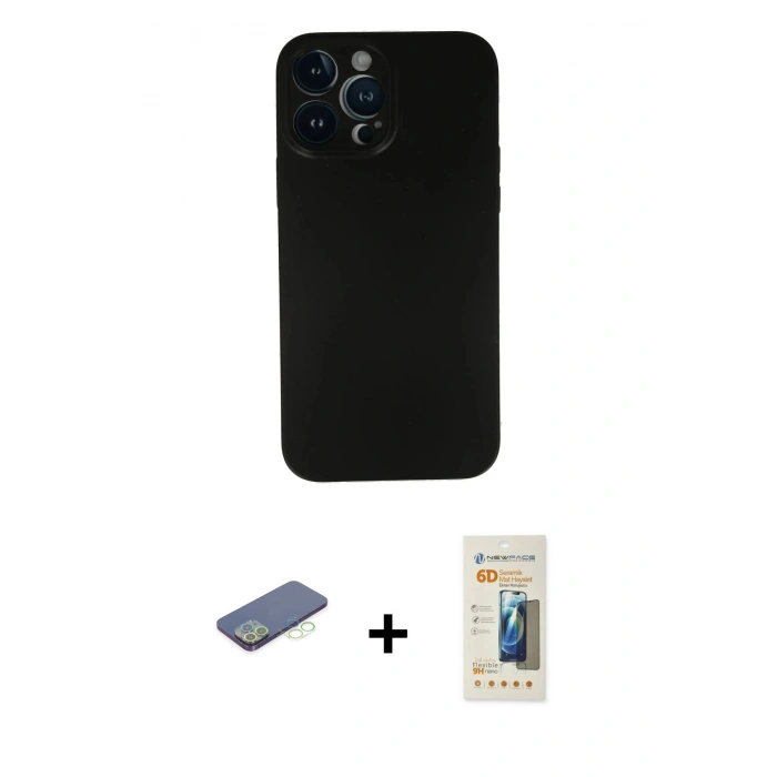MARSİLYAN™- iPhone 13 Pro Max Kılıf Yadigar Yansıma Serisi - Siyah 6D Mat Seramik Hayalet Nano Ekran Koruyucu + Renkli Kamera Lens Koruma Cam - YL