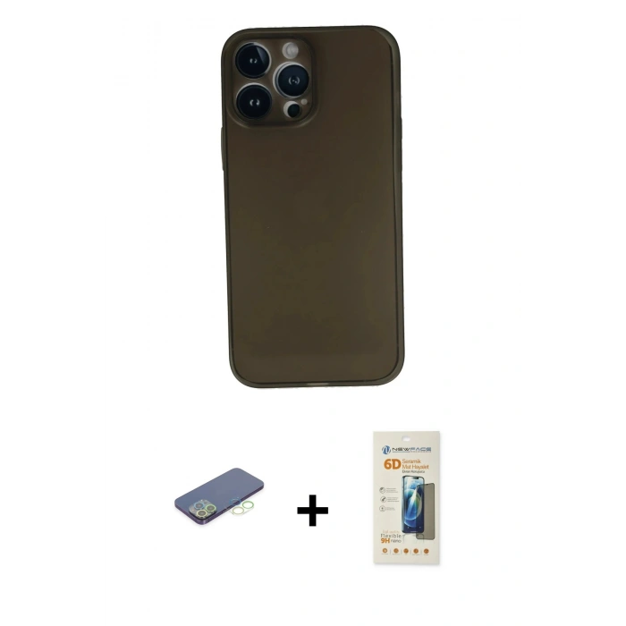 MARSİLYAN™- iPhone 13 Pro Max Kılıf Yadigar Yansıma Serisi - Siyah 6D Mat Seramik Hayalet Nano Ekran Koruyucu + Renkli Kamera Lens Koruma Cam - YL