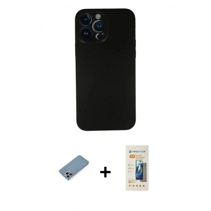 MARSİLYAN™- iPhone 13 Pro Max Kılıf Yadigar Yansıma Serisi - Siyah 6D Mat Seramik Hayalet Nano Ekran Koruyucu + Shine Kamera Lens Koruma Cam - GI