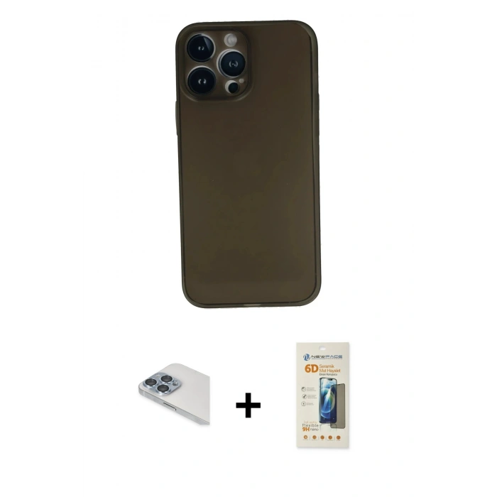 MARSİLYAN™- iPhone 13 Pro Max Kılıf Yadigar Yansıma Serisi - Siyah 6D Mat Seramik Hayalet Nano Ekran Koruyucu + Pers Alüminyum Kamera Lens - SABE