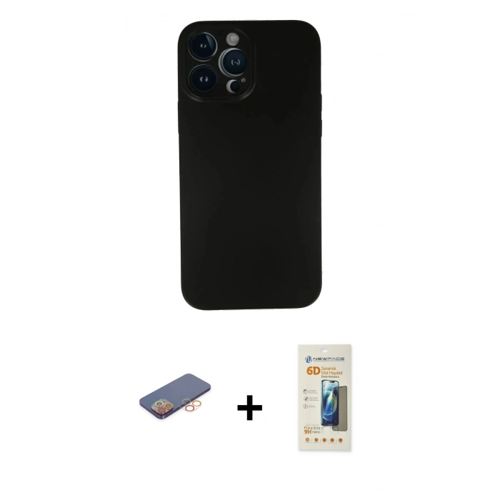 MARSİLYAN™- iPhone 13 Pro Max Kılıf Yadigar Yansıma Serisi - Siyah 6D Mat Seramik Hayalet Nano Ekran Koruyucu + Renkli Kamera Lens Koruma Cam - TU