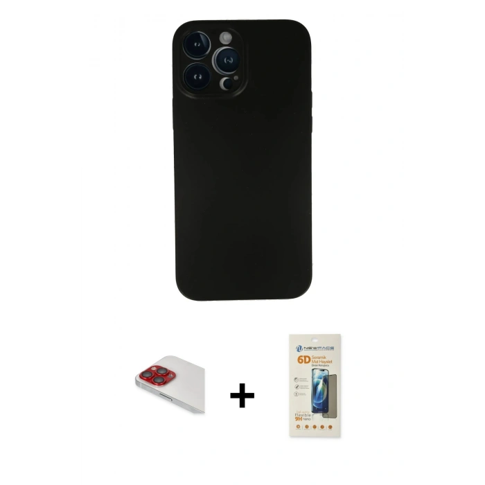 MARSİLYAN™- iPhone 13 Pro Max Kılıf Yadigar Yansıma Serisi - Siyah 6D Mat Seramik Hayalet Nano Ekran Koruyucu + Pers Alüminyum Kamera Lens - KI