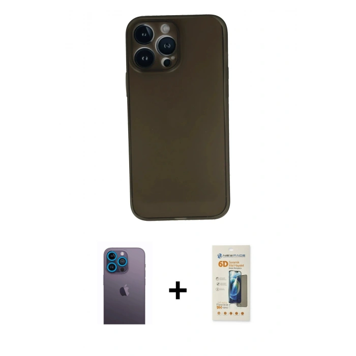 MARSİLYAN™- iPhone 13 Pro Max Kılıf Yadigar Yansıma Serisi - Siyah 6D Mat Seramik Hayalet Nano Ekran Koruyucu + Neon Fosforlu Kamera Lens - MI