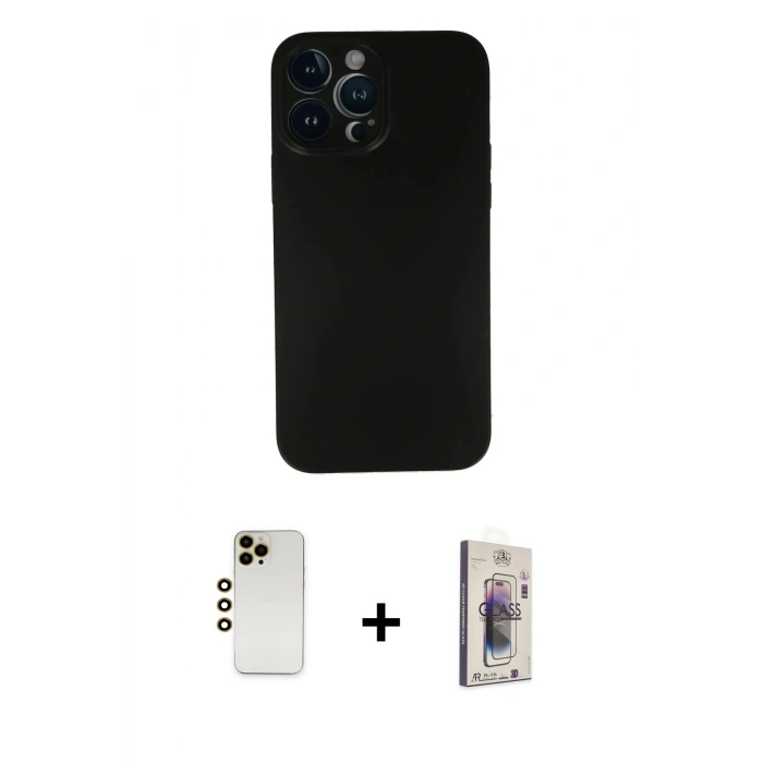 MARSİLYAN™- iPhone 13 Pro Max Kılıf Yadigar Yansıma Serisi - Siyah Bilvis 3D Cam Ekran Koruyucu + Gold Shine Kamera Lens