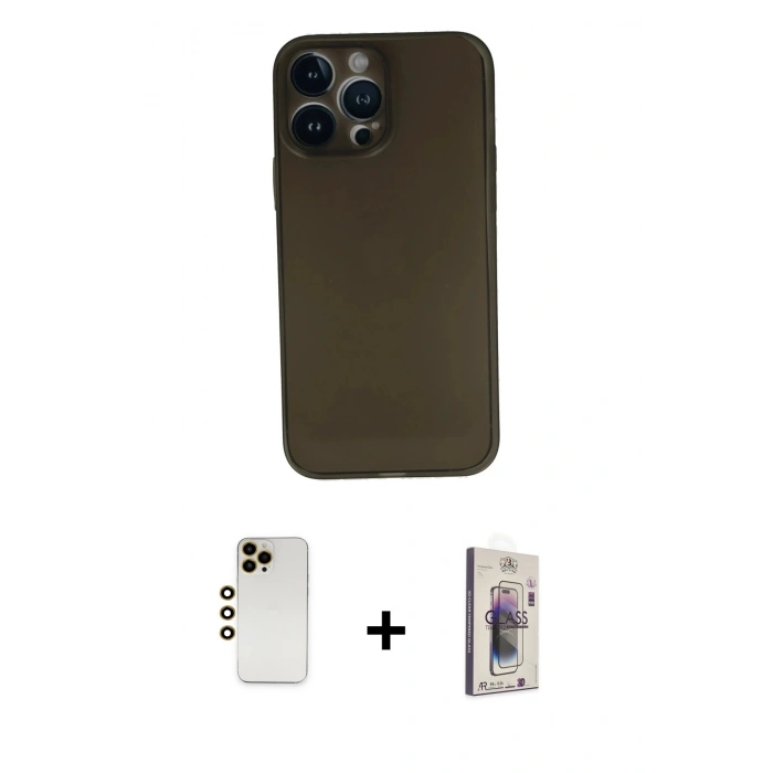 MARSİLYAN™- iPhone 13 Pro Max Kılıf Yadigar Yansıma Serisi - Siyah Bilvis 3D Cam Ekran Koruyucu + Gold Shine Kamera Lens