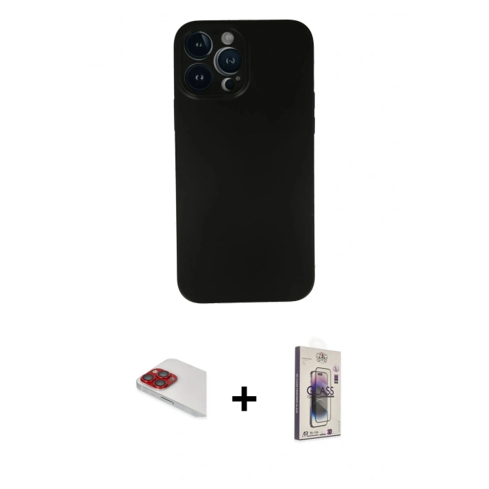 MARSİLYAN™- iPhone 13 Pro Max Kılıf Yadigar Yansıma Serisi - Siyah Bilvis 3D Cam Ekran Koruyucu + Kırmızı Pers Alüminyum Kamera Lens