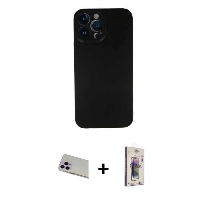 MARSİLYAN™- iPhone 13 Pro Max Kılıf Yadigar Yansıma Serisi - Siyah Bilvis 3D Cam Ekran Koruyucu + Rainbow Kamera Lens Koruma Cam - MR