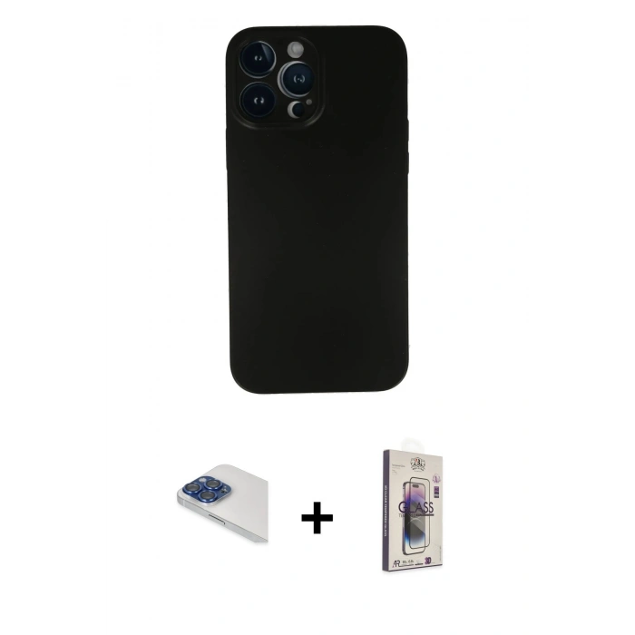 MARSİLYAN™- iPhone 13 Pro Max Kılıf Yadigar Yansıma Serisi - Siyah Bilvis 3D Cam Ekran Koruyucu + Pers Alüminyum Kamera Lens - LT