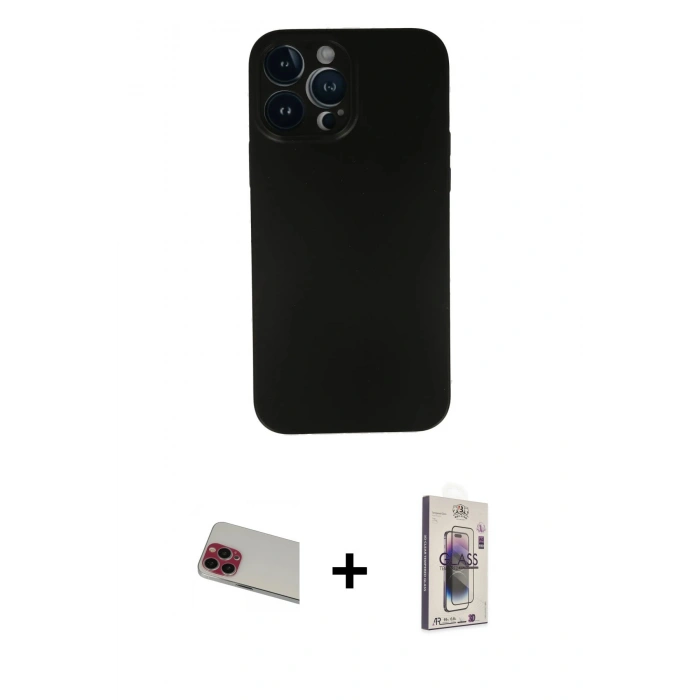 MARSİLYAN™- iPhone 13 Pro Max Kılıf Yadigar Yansıma Serisi - Siyah Bilvis 3D Cam Ekran Koruyucu + Rainbow Kamera Lens Koruma Cam - KI