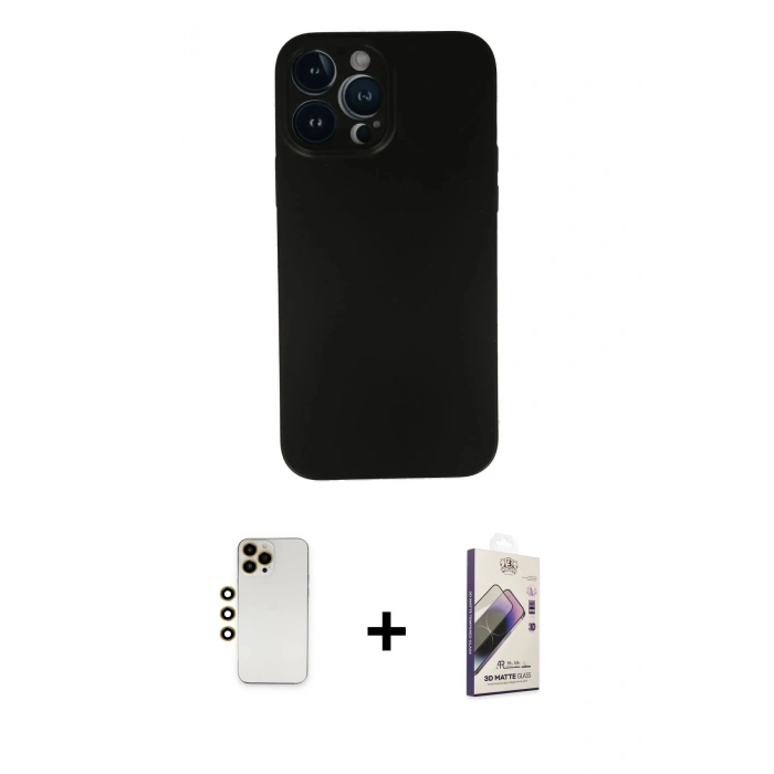 MARSİLYAN™- iPhone 13 Pro Max Kılıf Yadigar Yansıma Serisi - Siyah Bilvis 3D Mat Cam Ekran Koruyucu + Gold Shine Kamera Lens
