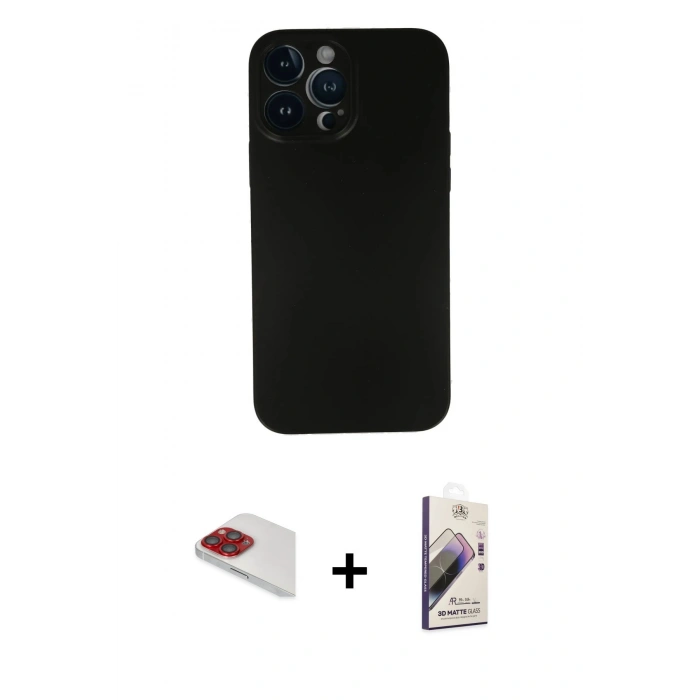 MARSİLYAN™- iPhone 13 Pro Max Kılıf Yadigar Yansıma Serisi - Siyah Bilvis 3D Mat Cam Ekran Koruyucu + Kırmızı Pers Alüminyum Kamera Lens