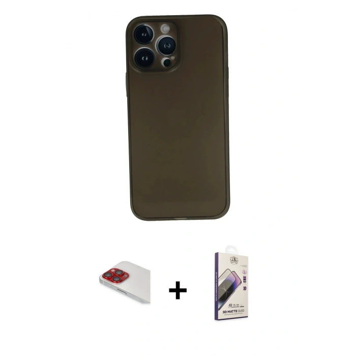 MARSİLYAN™- iPhone 13 Pro Max Kılıf Yadigar Yansıma Serisi - Siyah Bilvis 3D Mat Cam Ekran Koruyucu + Kırmızı Pers Alüminyum Kamera Lens