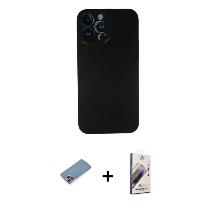 MARSİLYAN™- iPhone 13 Pro Max Kılıf Yadigar Yansıma Serisi - Siyah Bilvis 3D Mat Cam Ekran Koruyucu + Shine Kamera Lens Koruma Cam - PE