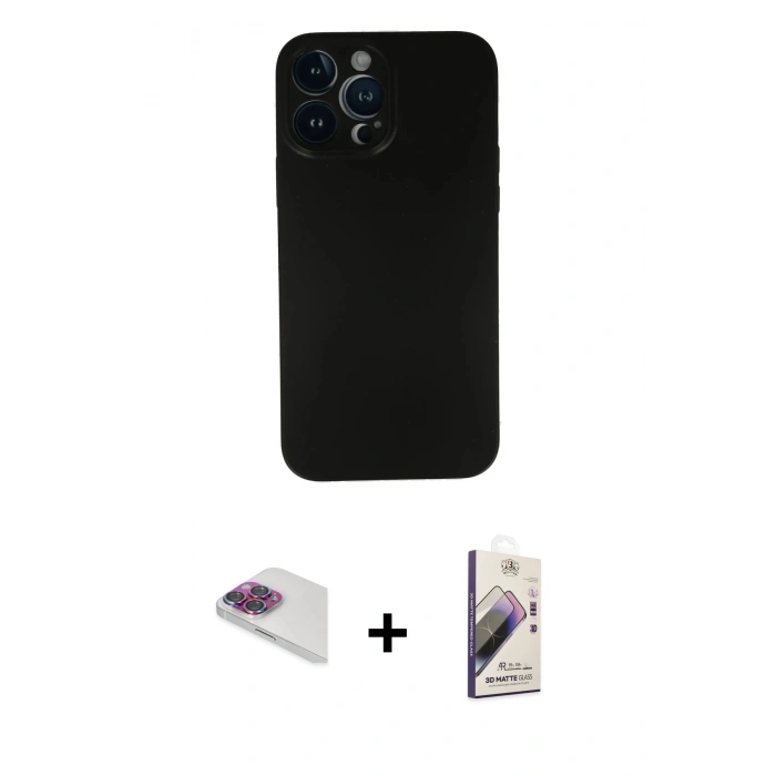 MARSİLYAN™- iPhone 13 Pro Max Kılıf Yadigar Yansıma Serisi - Siyah Bilvis 3D Mat Cam Ekran Koruyucu + Pers Alüminyum Kamera Lens - GI