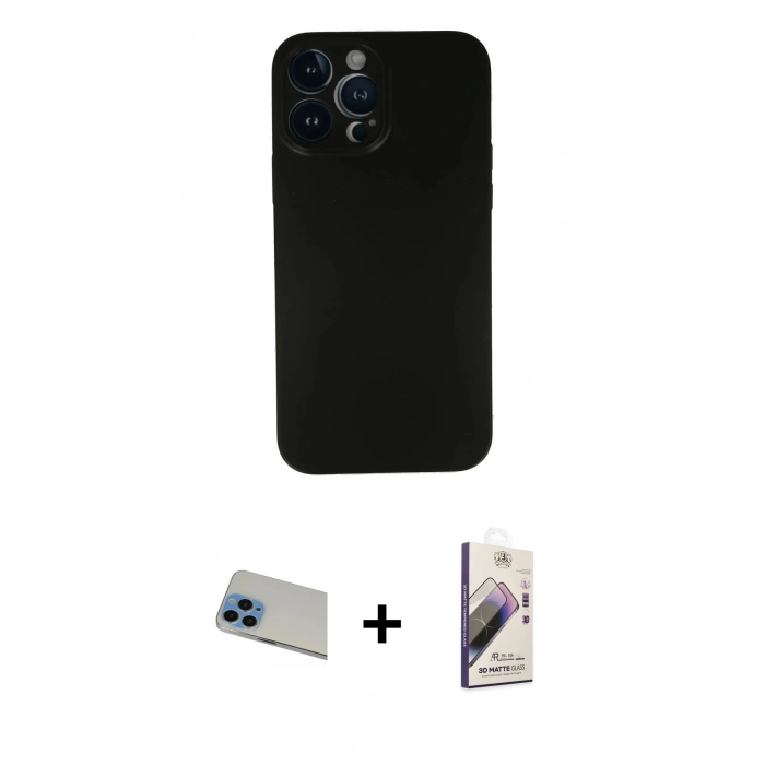MARSİLYAN™- iPhone 13 Pro Max Kılıf Yadigar Yansıma Serisi - Siyah Bilvis 3D Mat Cam Ekran Koruyucu + Rainbow Kamera Lens Koruma Cam - MI