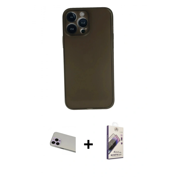 MARSİLYAN™- iPhone 13 Pro Max Kılıf Yadigar Yansıma Serisi - Siyah Bilvis 3D Mat Cam Ekran Koruyucu + Rainbow Kamera Lens Koruma Cam - MR