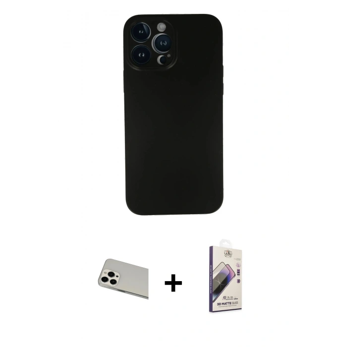 MARSİLYAN™- iPhone 13 Pro Max Kılıf Yadigar Yansıma Serisi - Siyah Bilvis 3D Mat Cam Ekran Koruyucu + Rainbow Kamera Lens Koruma Cam - BZ