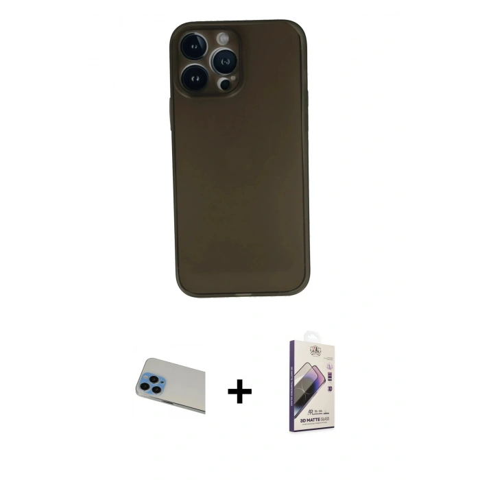 MARSİLYAN™- iPhone 13 Pro Max Kılıf Yadigar Yansıma Serisi - Siyah Bilvis 3D Mat Cam Ekran Koruyucu + Rainbow Kamera Lens Koruma Cam - MI