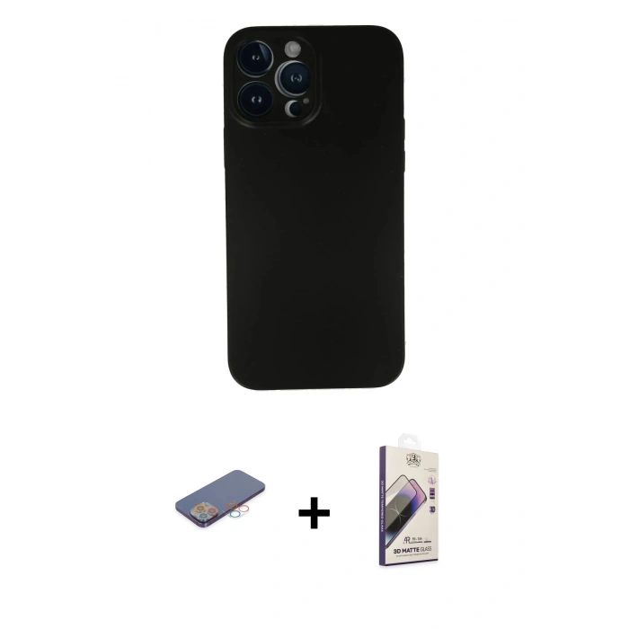 MARSİLYAN™- iPhone 13 Pro Max Kılıf Yadigar Yansıma Serisi - Siyah Bilvis 3D Mat Cam Ekran Koruyucu + Renkli Kamera Lens Koruma Cam - PE