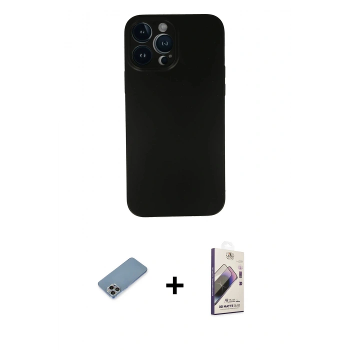 MARSİLYAN™- iPhone 13 Pro Max Kılıf Yadigar Yansıma Serisi - Siyah Bilvis 3D Mat Cam Ekran Koruyucu + Shine Kamera Lens Koruma Cam - GI
