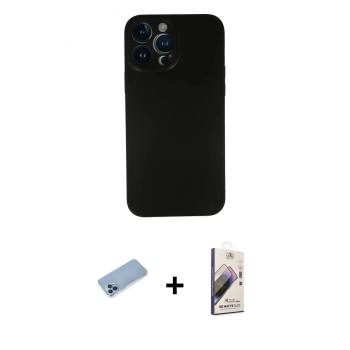MARSİLYAN™- iPhone 13 Pro Max Kılıf Yadigar Yansıma Serisi - Siyah Bilvis 3D Mat Cam Ekran Koruyucu + Shine Kamera Lens Koruma Cam - MI